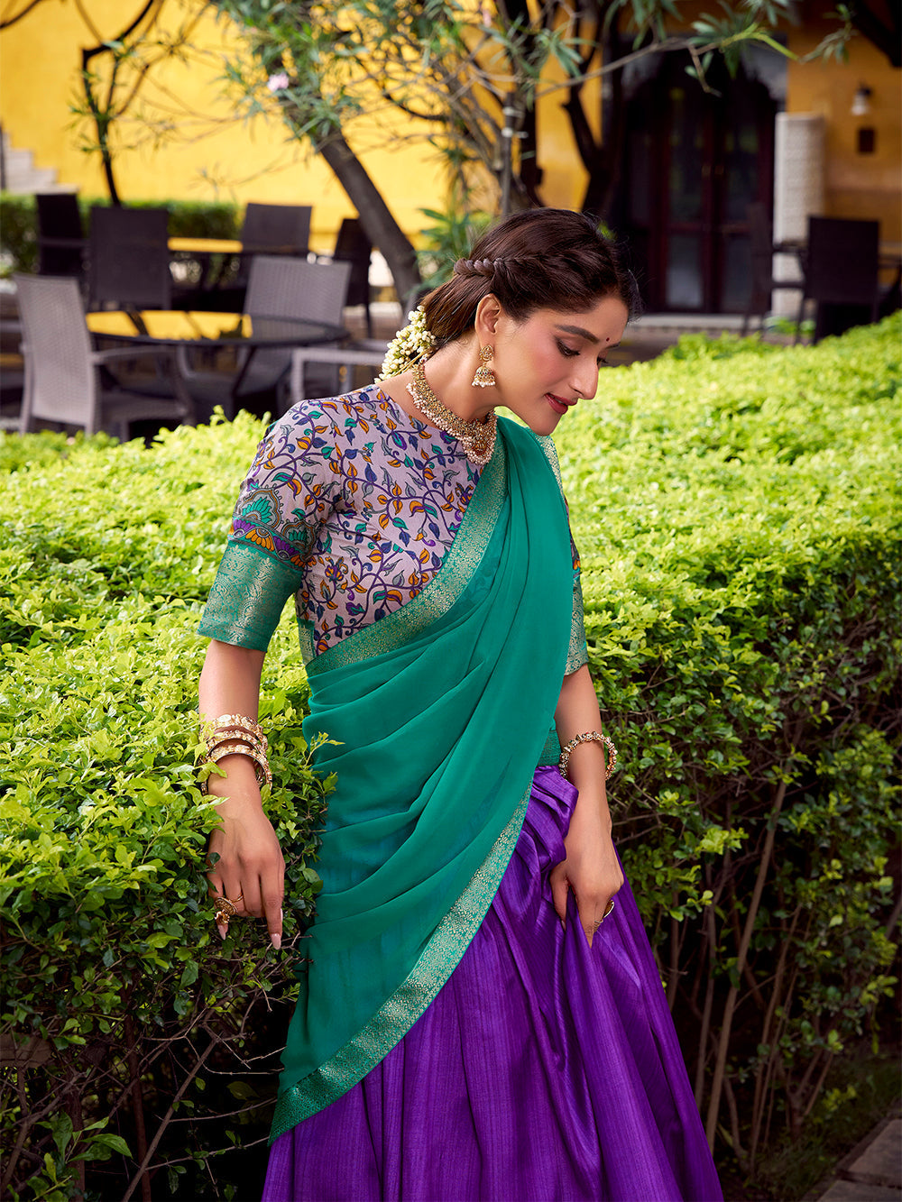 Purple astha silk printed zari weaving lehenga choli with georgette dupatta