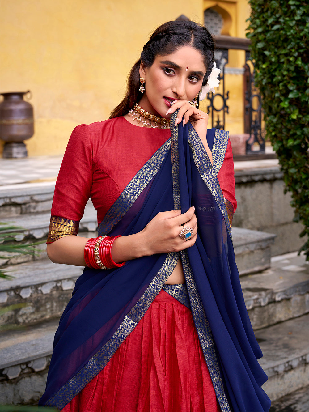 Red color zari weaving work poly cotton lehenga choli