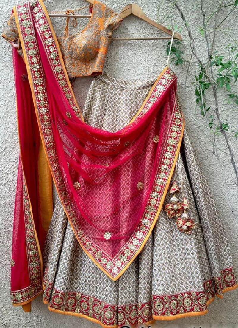 Terrific Grey Color With Heavy Embroidery Lehenga Suit