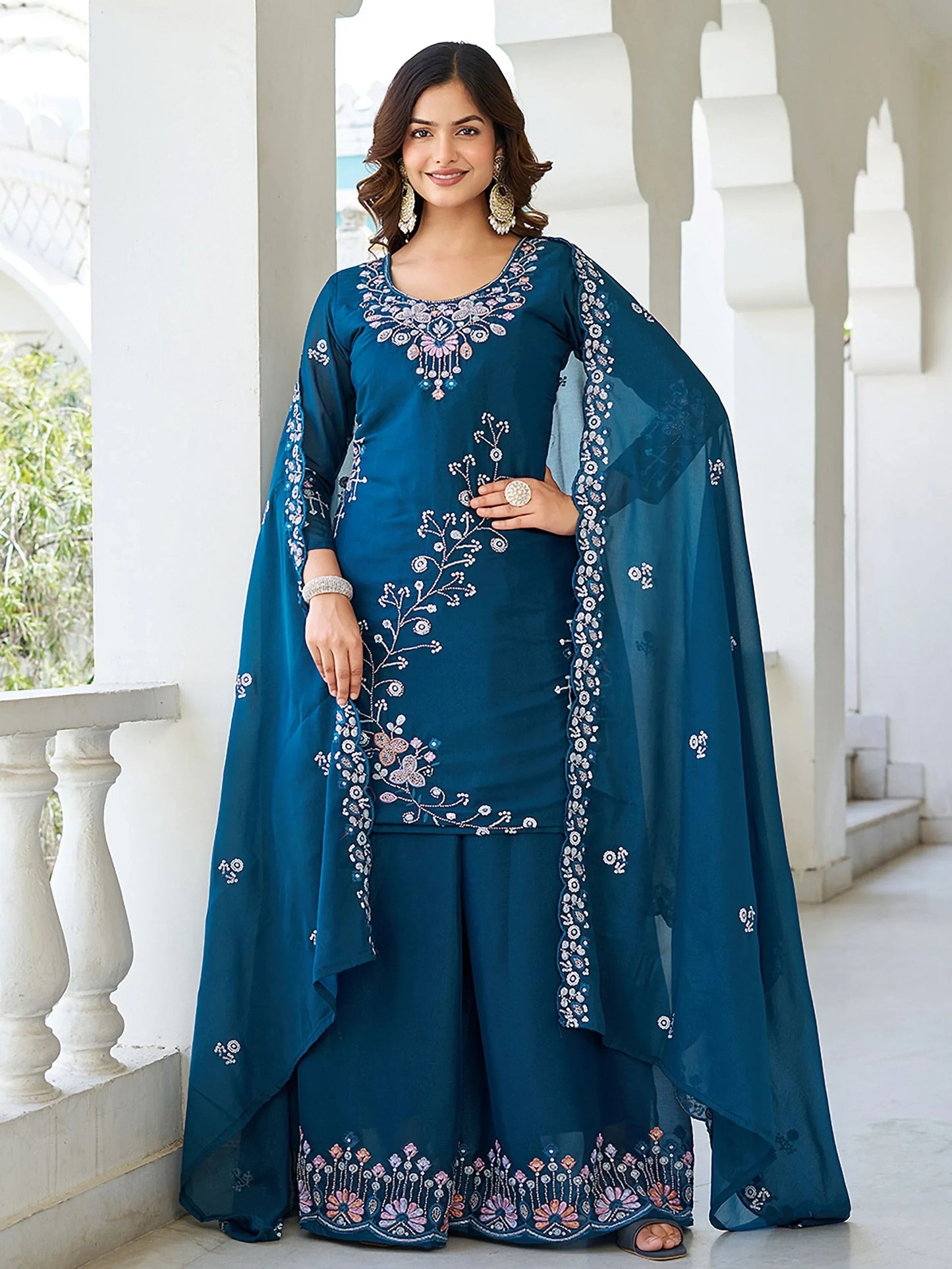 Terrific Teal Blue Moti Work Georgette Function Wear Palazzo Suit With Dupatta