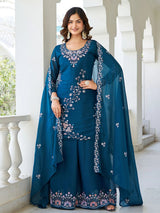 Terrific Teal Blue Moti Work Georgette Function Wear Palazzo Suit With Dupatta