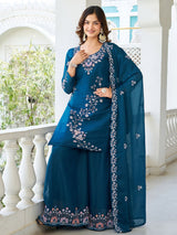 Terrific Teal Blue Moti Work Georgette Function Wear Palazzo Suit With Dupatta
