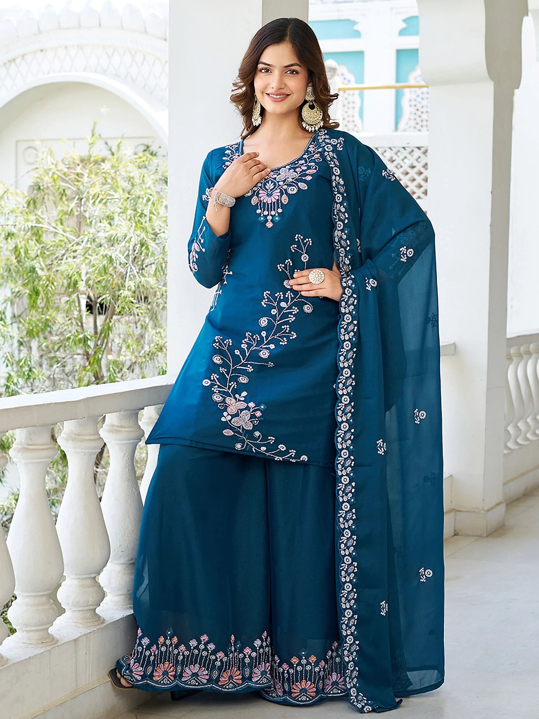 Terrific Teal Blue Moti Work Georgette Function Wear Palazzo Suit With Dupatta
