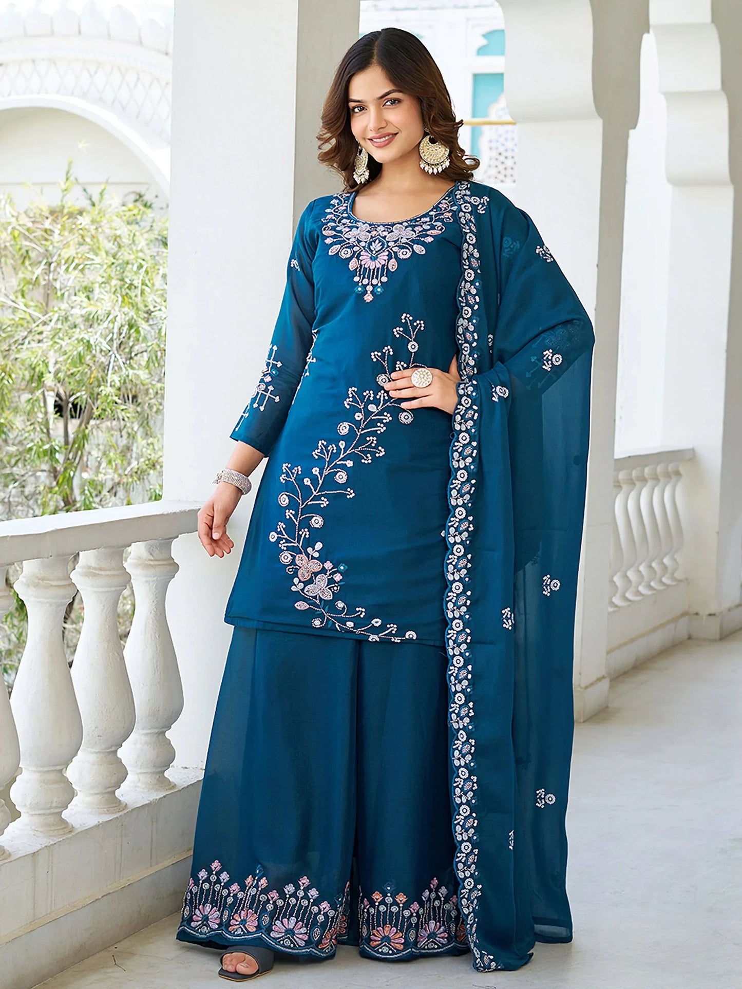 Terrific Teal Blue Moti Work Georgette Function Wear Palazzo Suit With Dupatta