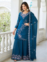 Terrific Teal Blue Moti Work Georgette Function Wear Palazzo Suit With Dupatta