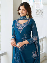 Terrific Teal Blue Moti Work Georgette Function Wear Palazzo Suit With Dupatta