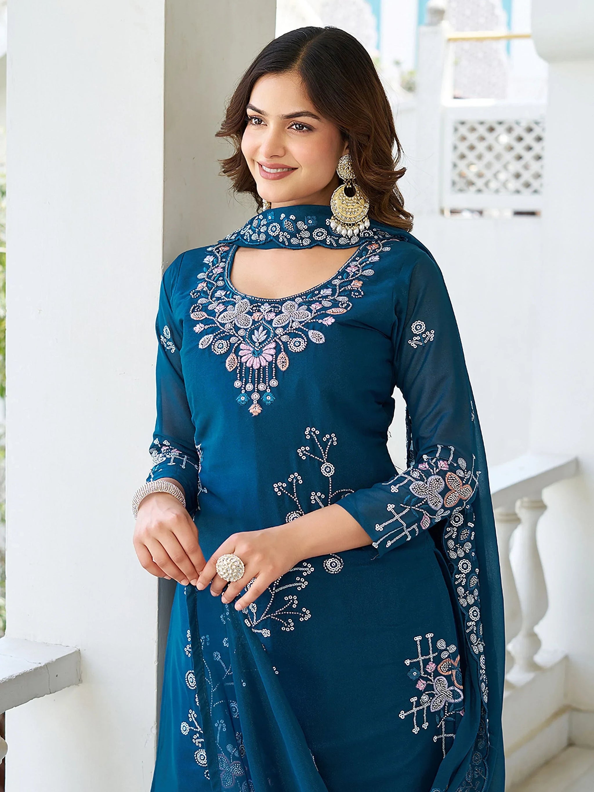 Terrific Teal Blue Moti Work Georgette Function Wear Palazzo Suit With Dupatta
