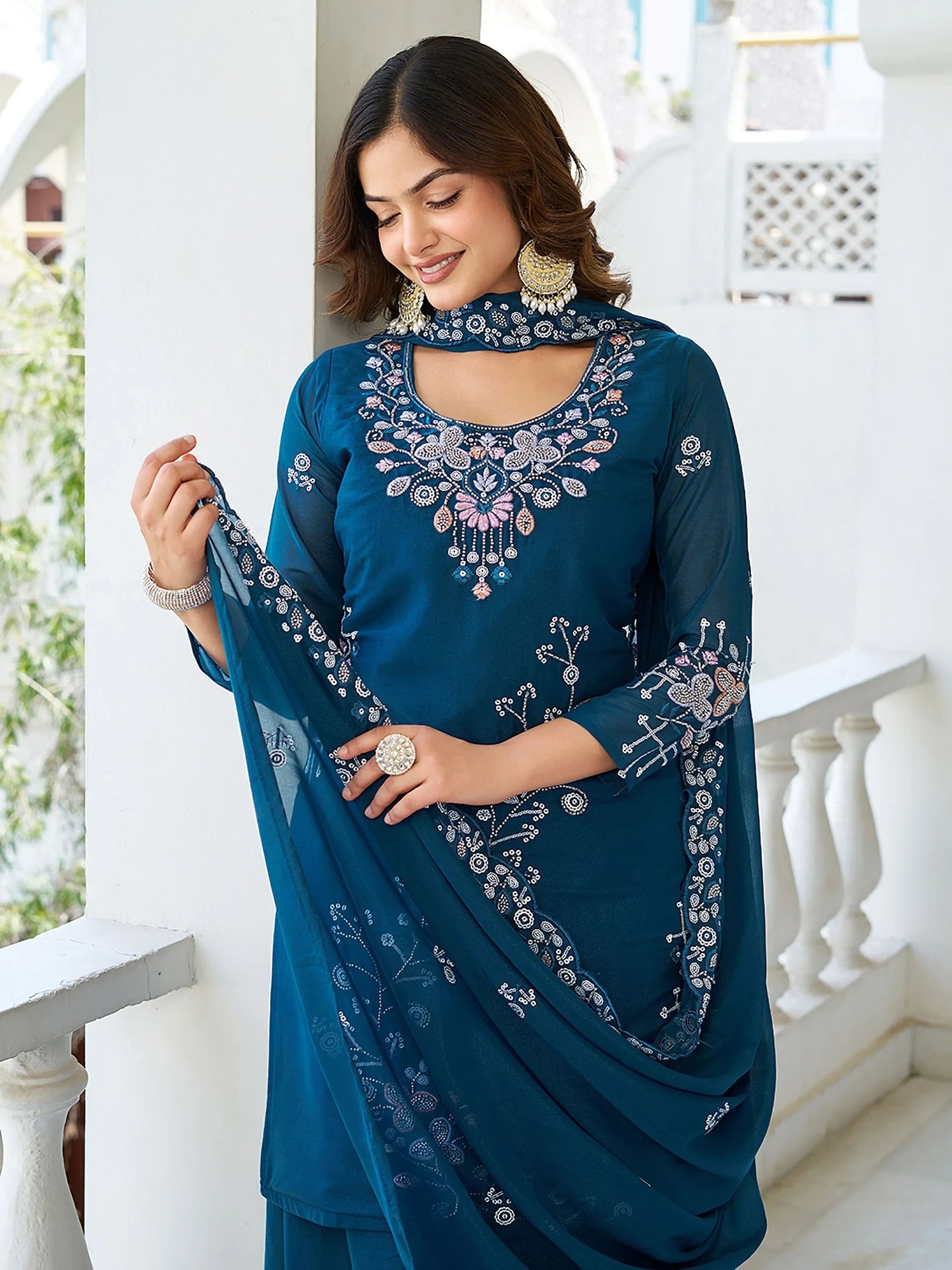 Terrific Teal Blue Moti Work Georgette Function Wear Palazzo Suit With Dupatta