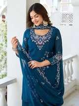 Terrific Teal Blue Moti Work Georgette Function Wear Palazzo Suit With Dupatta