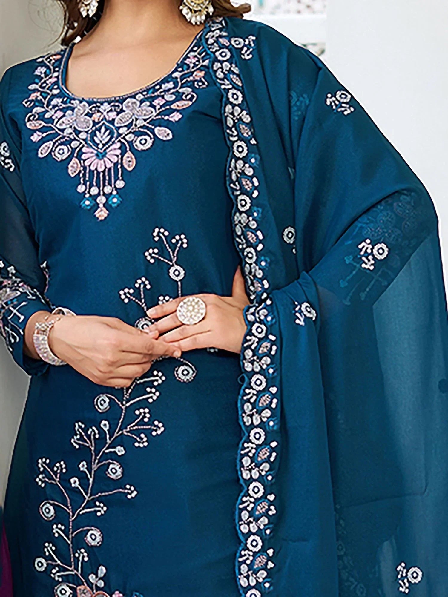 Terrific Teal Blue Moti Work Georgette Function Wear Palazzo Suit With Dupatta