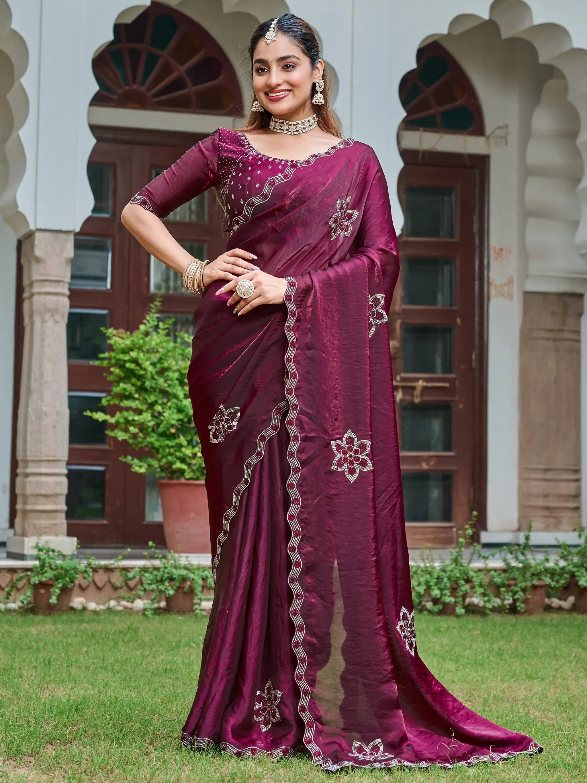 Terrific Wine Diamond Work Silk Wedding Wear Saree With Blouse