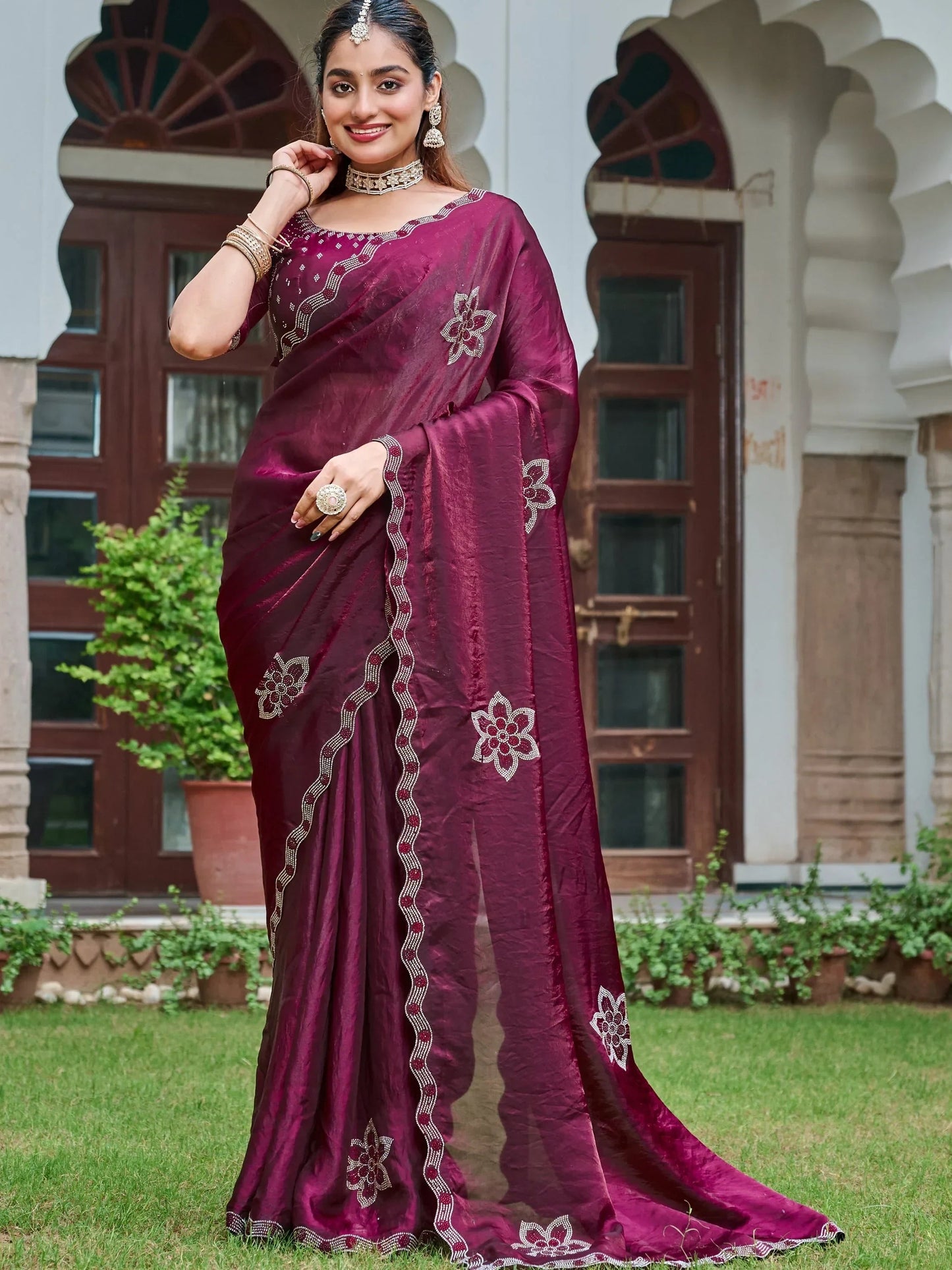 Terrific Wine Diamond Work Silk Wedding Wear Saree With Blouse