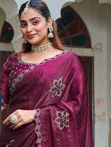 Terrific Wine Diamond Work Silk Wedding Wear Saree With Blouse