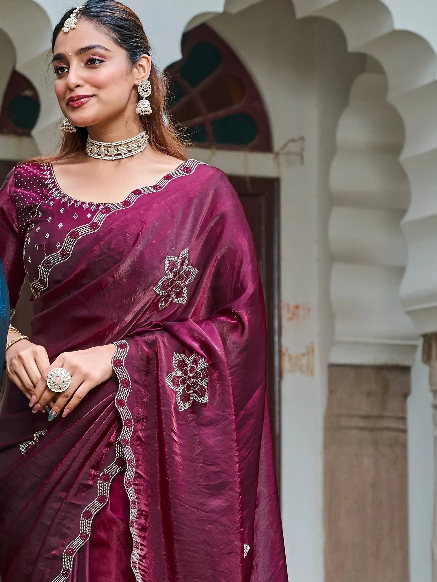 Terrific Wine Diamond Work Silk Wedding Wear Saree With Blouse