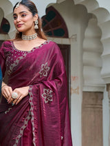 Terrific Wine Diamond Work Silk Wedding Wear Saree With Blouse