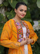 Terrific Yellow Kutchi Patch Work Georgette Navratri Wear Long Shrug