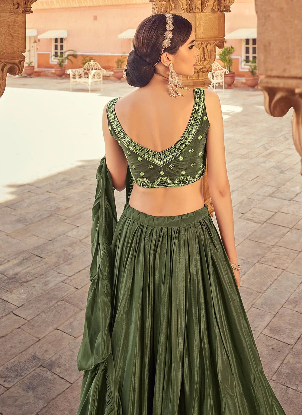 Thread and mirror work olive green tiered lehenga choli