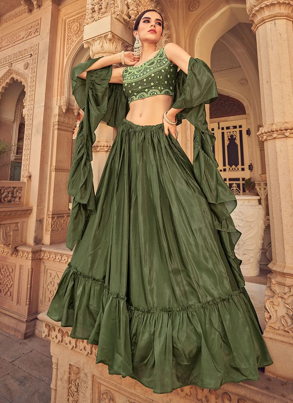 Thread and mirror work olive green tiered lehenga choli