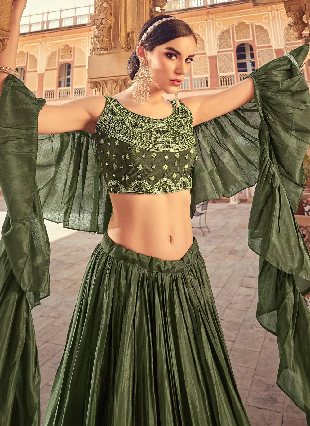 Thread and mirror work olive green tiered lehenga choli