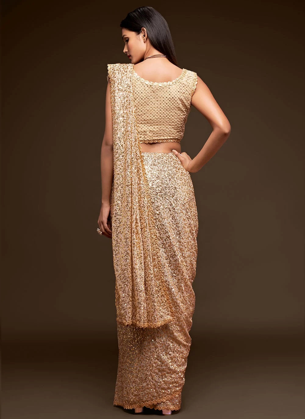 Thread and multiple sequins embroidery work georgette saree