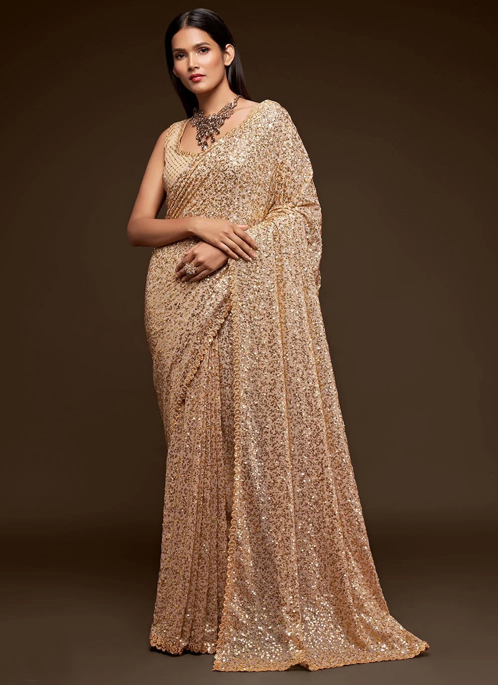Thread and multiple sequins embroidery work georgette saree