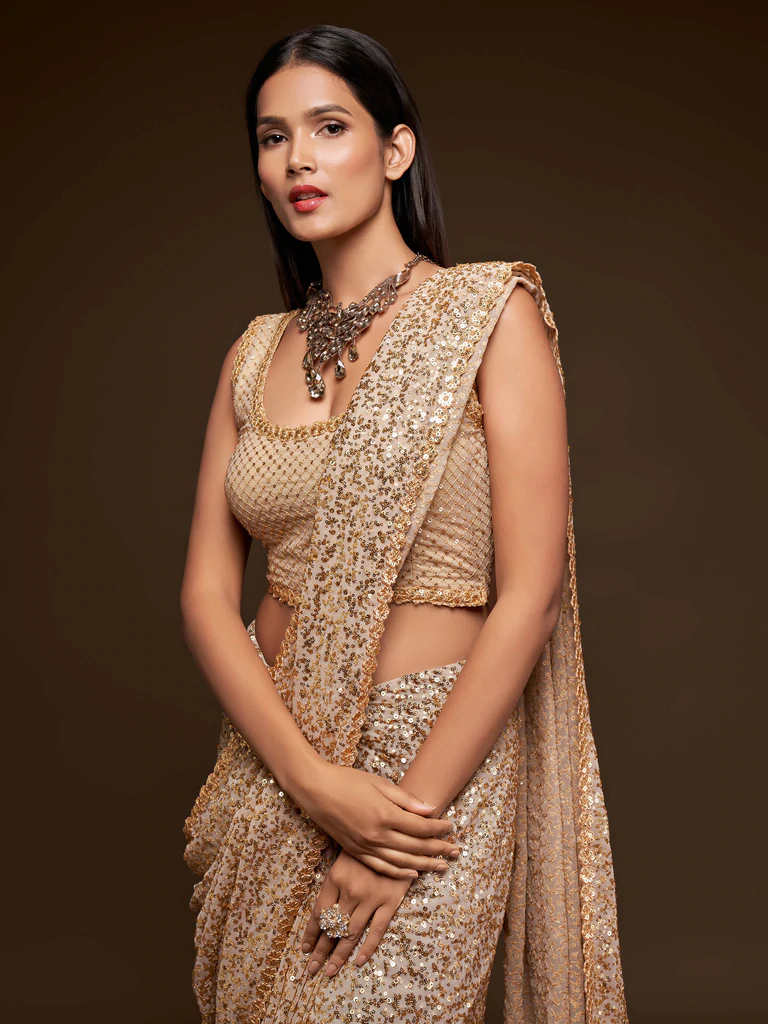Thread and multiple sequins embroidery work georgette saree