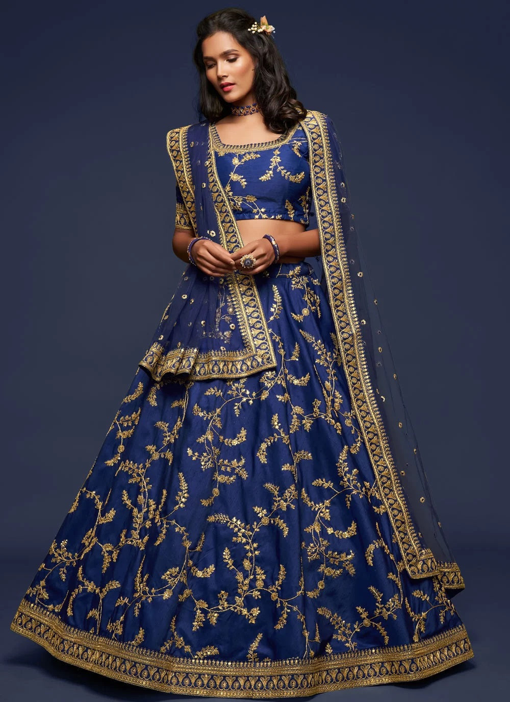 Thread and sequins embroidered blue party wear lehenga