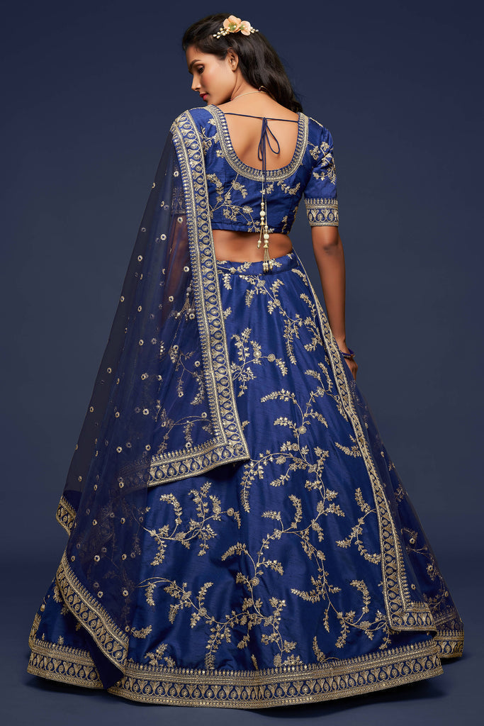 Thread and sequins embroidered blue party wear lehenga