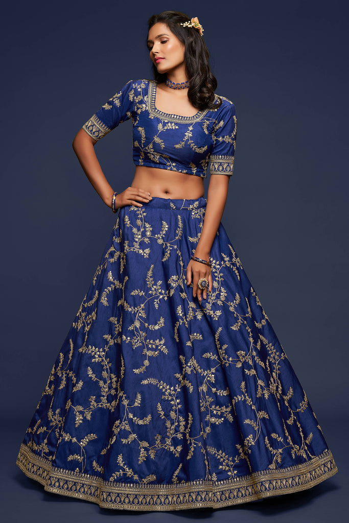 Thread and sequins embroidered blue party wear lehenga