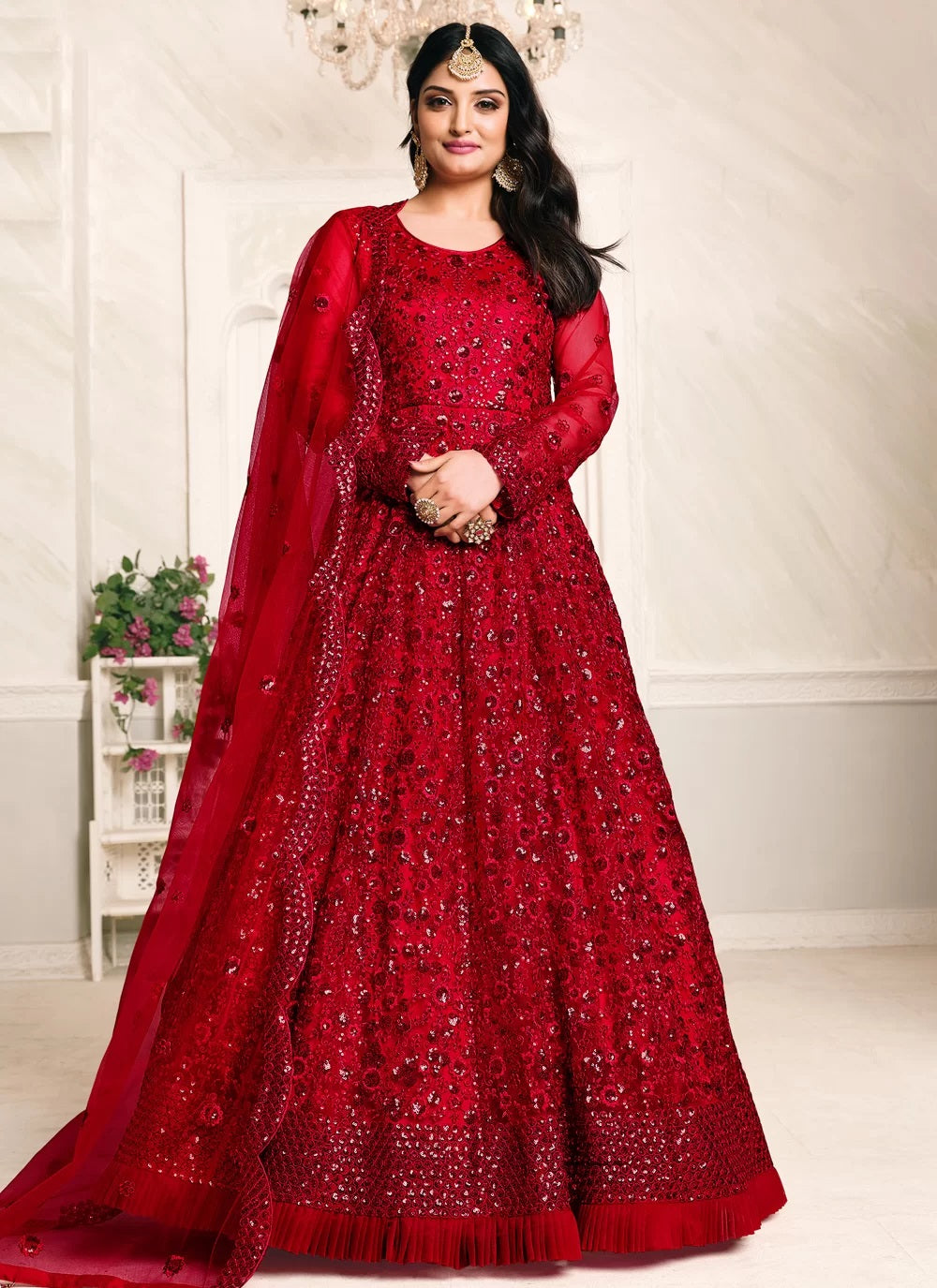Thread embroidered net anarkali suit in red