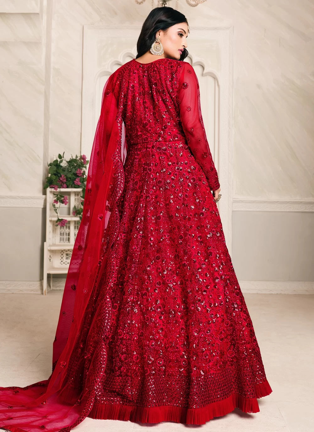 Thread embroidered net anarkali suit in red