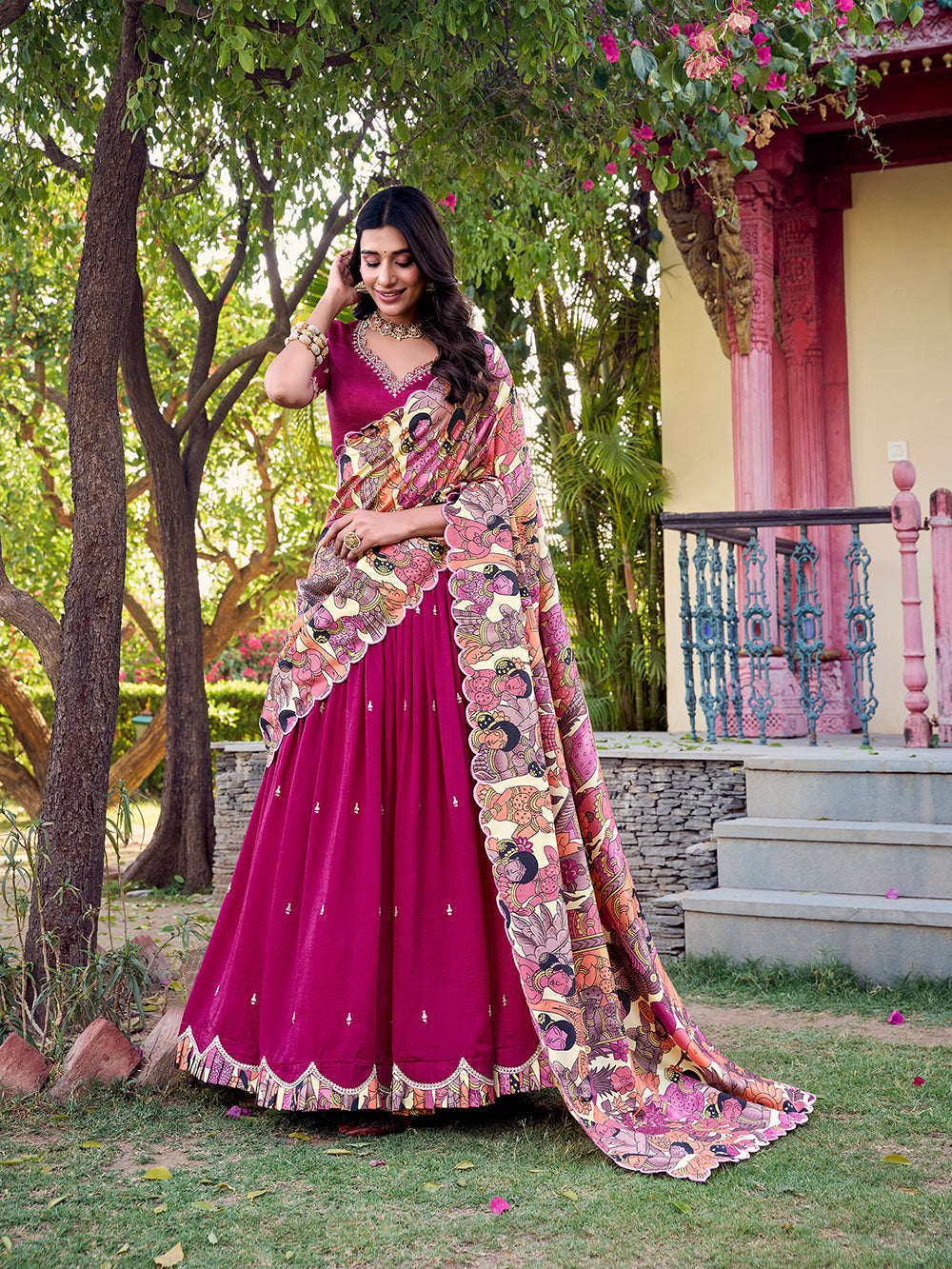 Rose pink vichitra silk lehenga choli with kalamkari scallop border tussar silk dupatta
