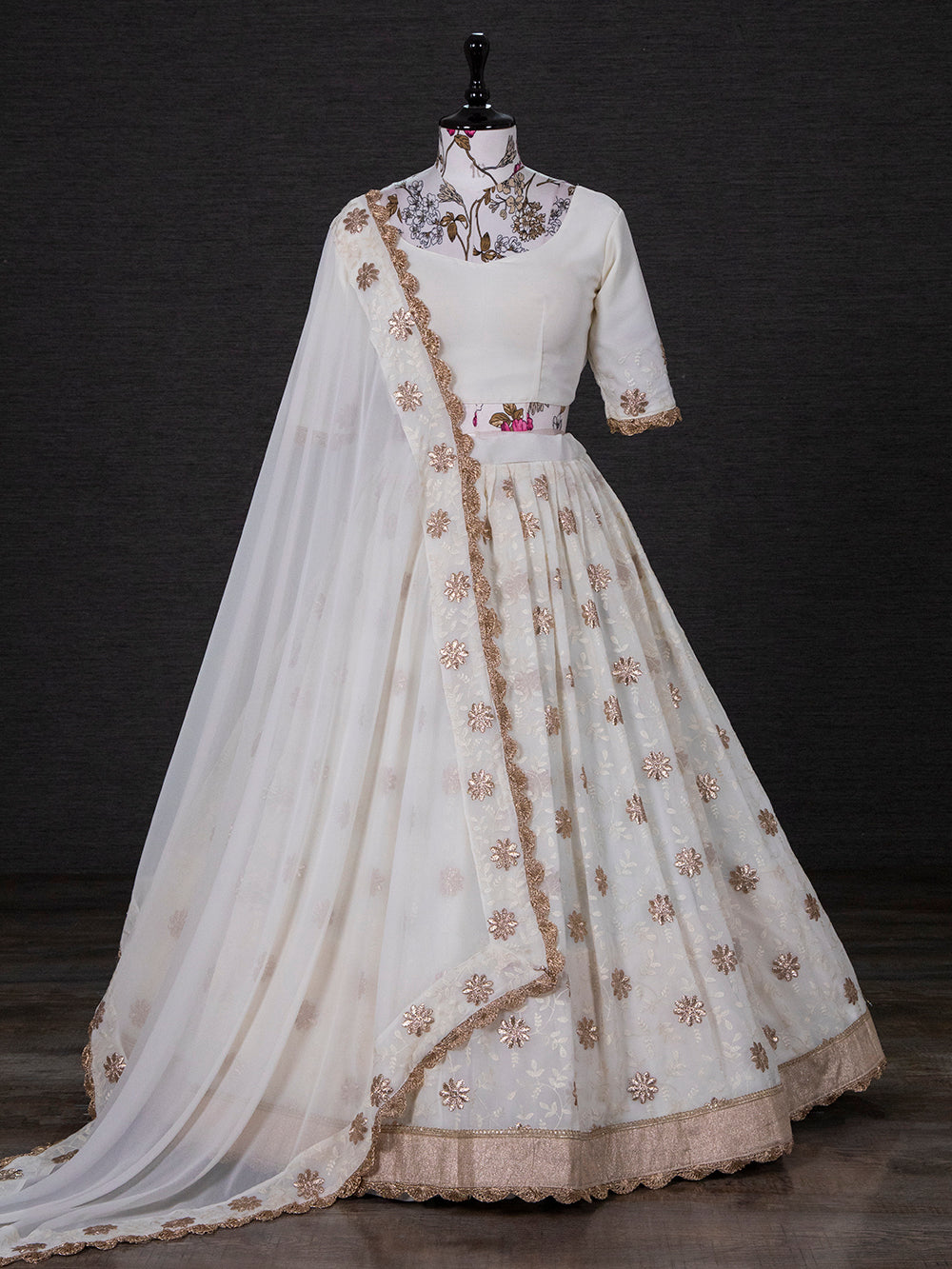 White Color Thread Embroidery Work Georgette South Indian Lehenga Choli