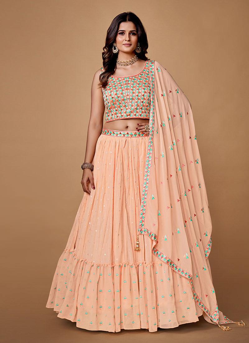 Thread With Pearl Peach Ruffle Lehenga