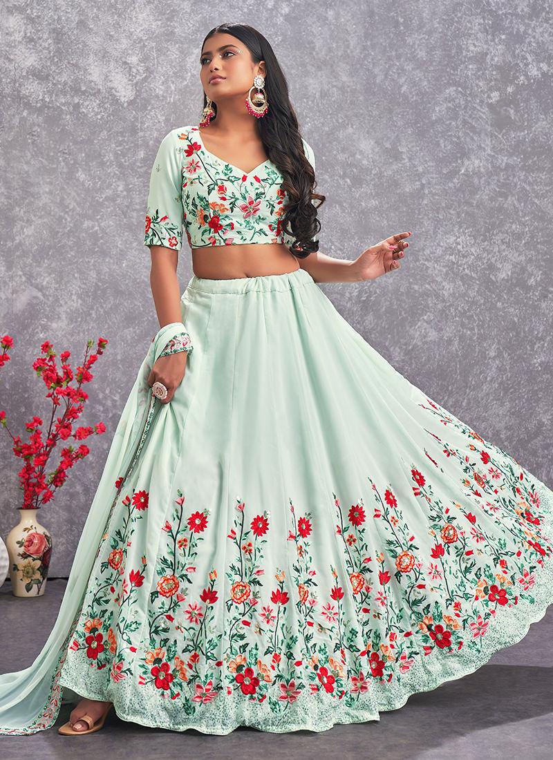 Thread With Sequins Sea Green Georgette Lehenga