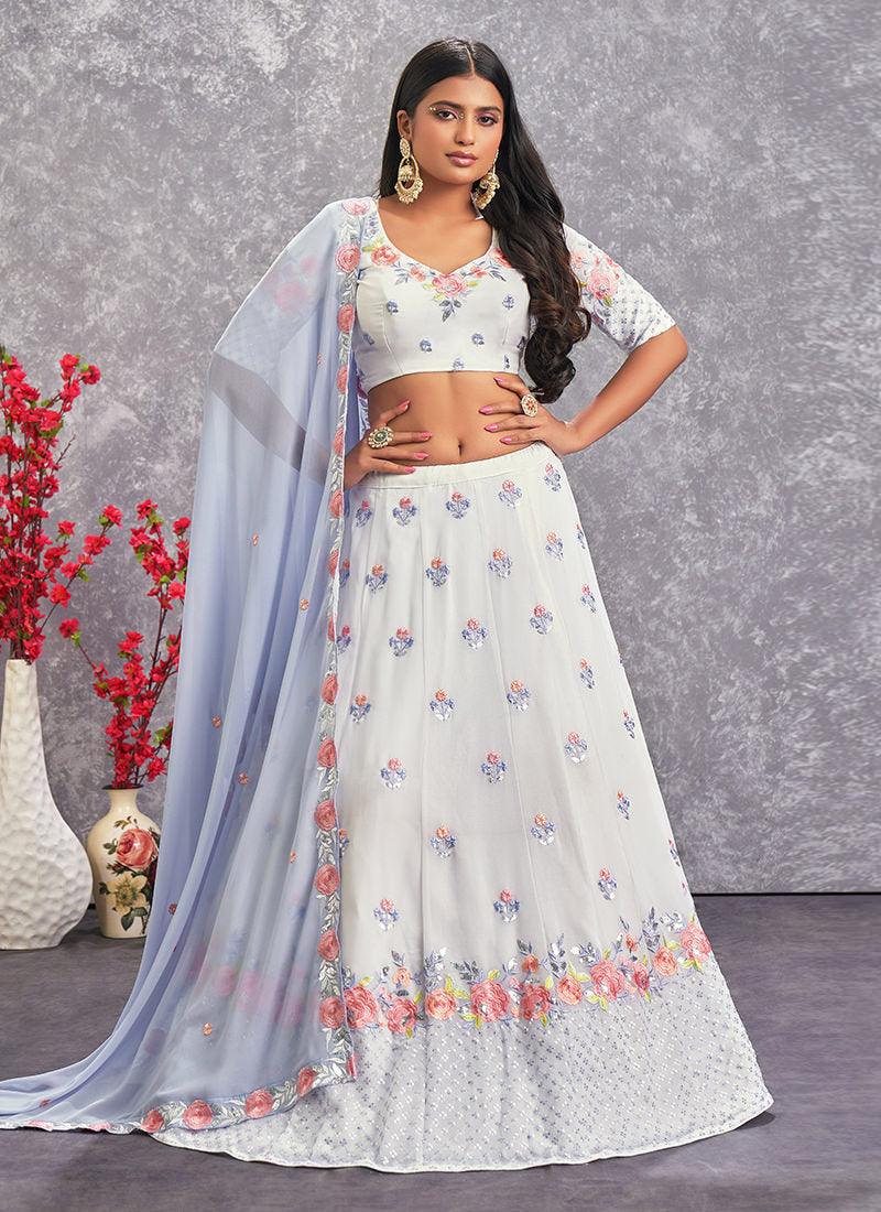 Thread With Sequins White Georgette Lehenga