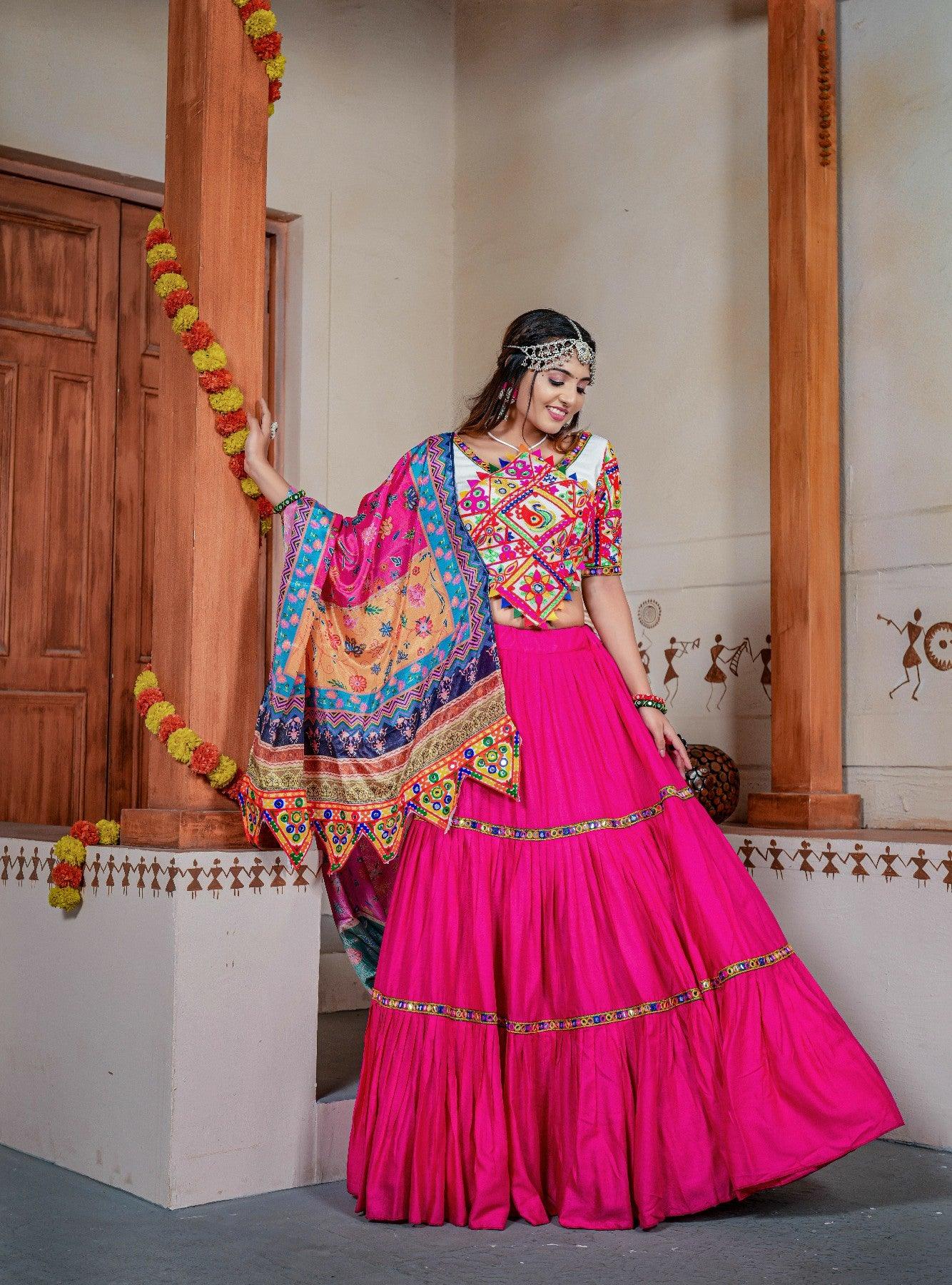 Three Tal Traditional Rayon Navratri Lehenga Choli Set