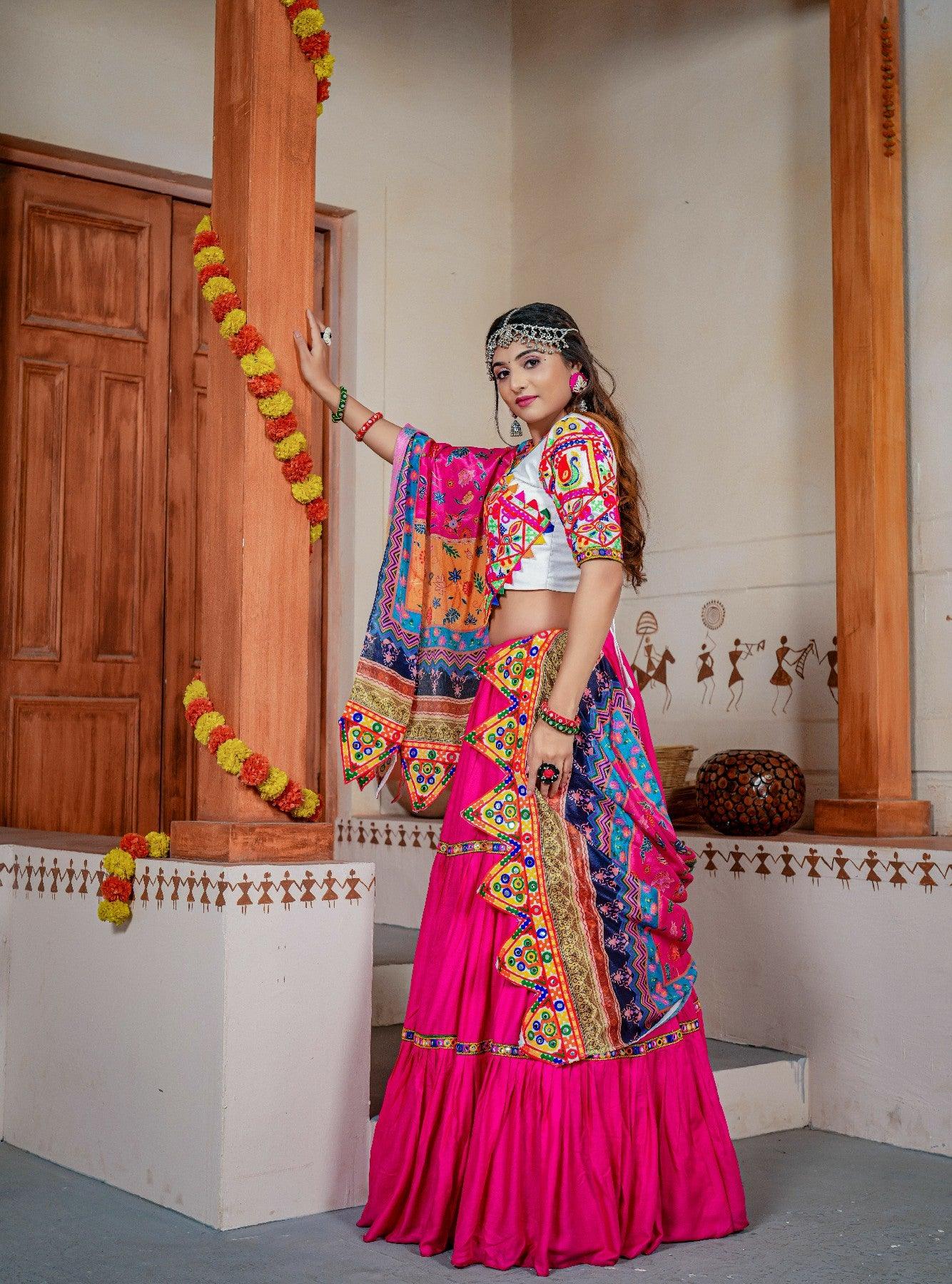 Three Tal Traditional Rayon Navratri Lehenga Choli Set