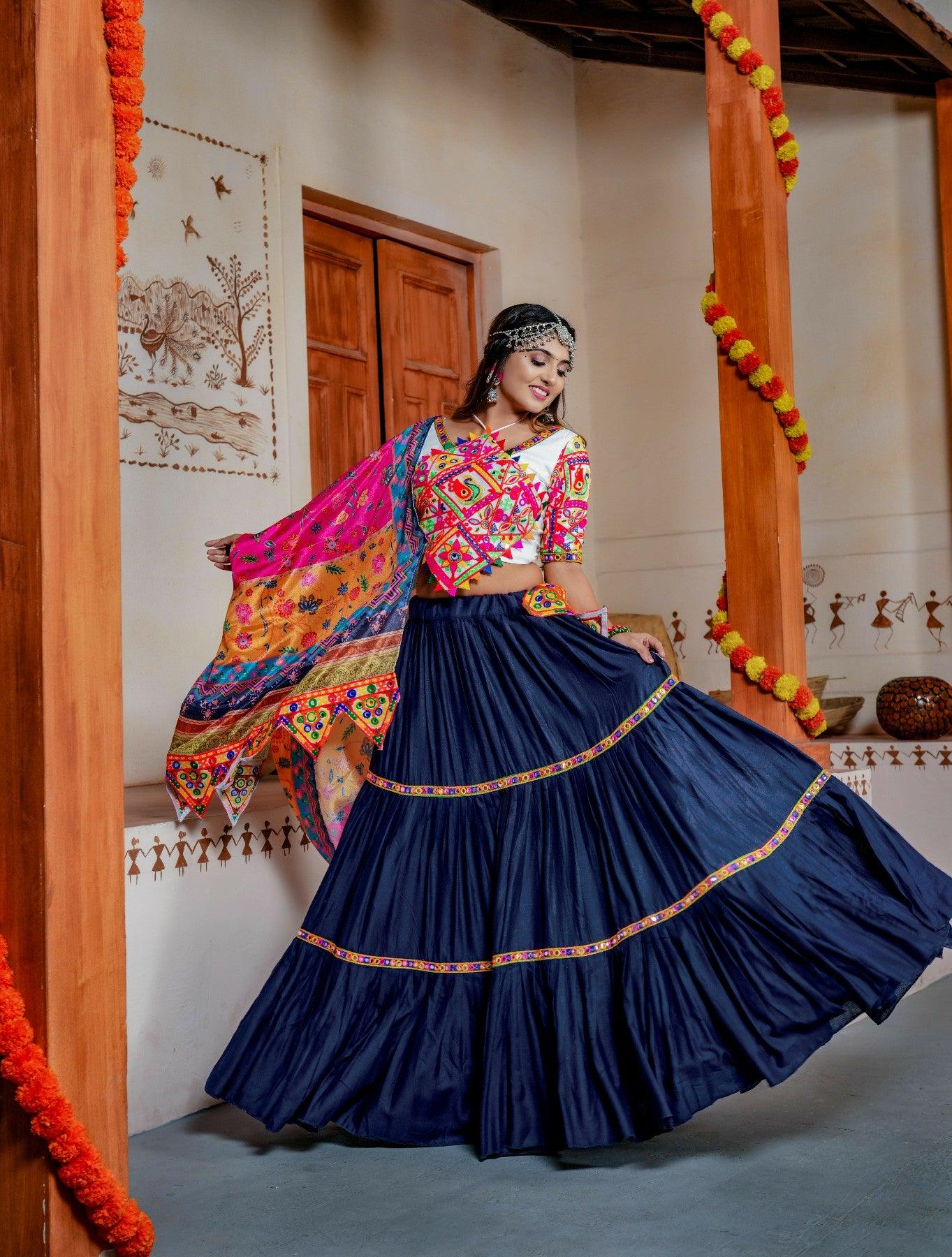 Three Tal Traditional Rayon Navratri Lehenga Choli Set