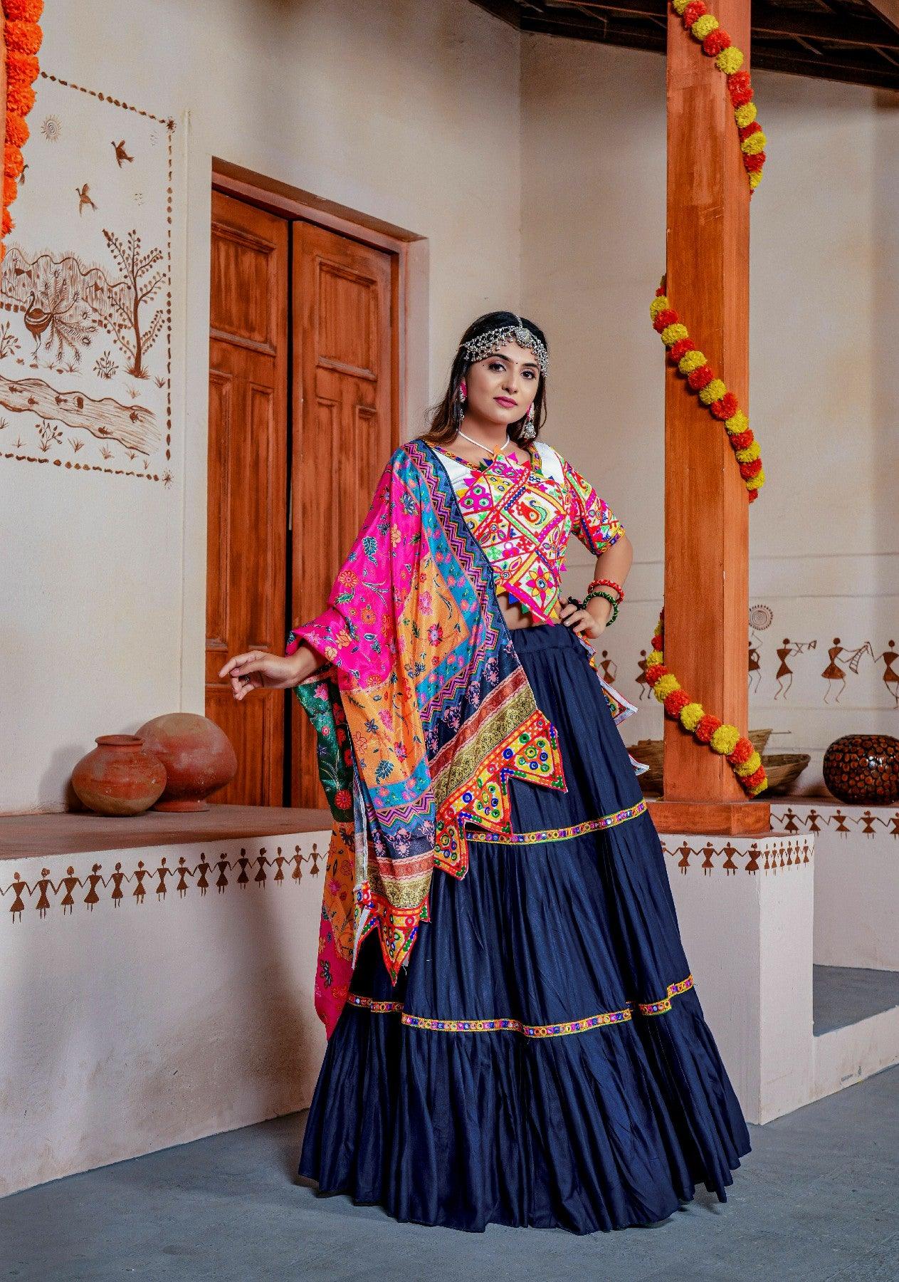 Three Tal Traditional Rayon Navratri Lehenga Choli Set