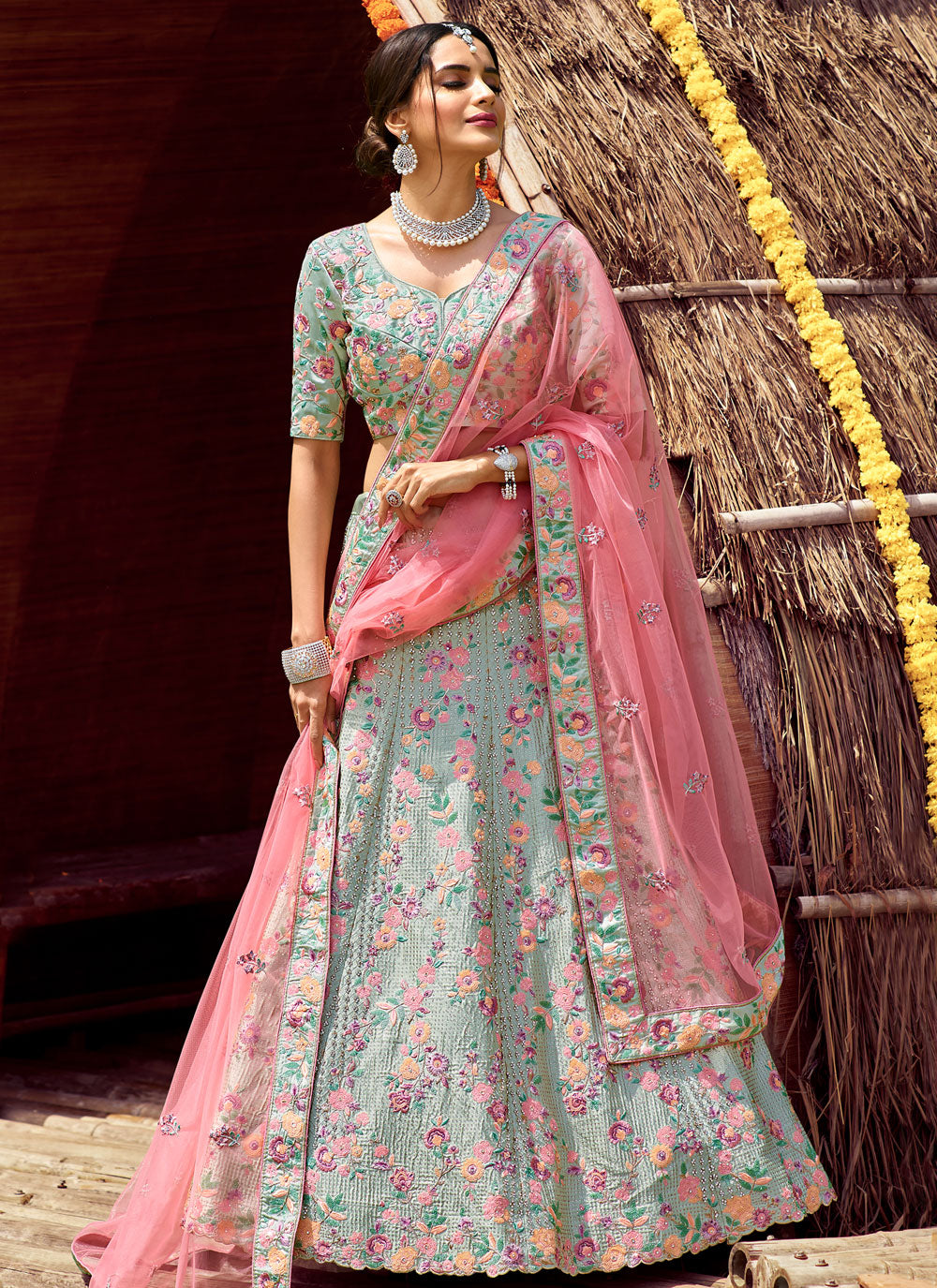 Green Embroidered Satin Semi Stitched Lehenga