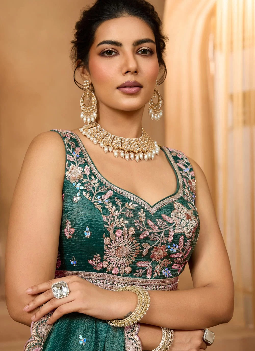 Radiant green tissue lehenga with sequin stone embroidery