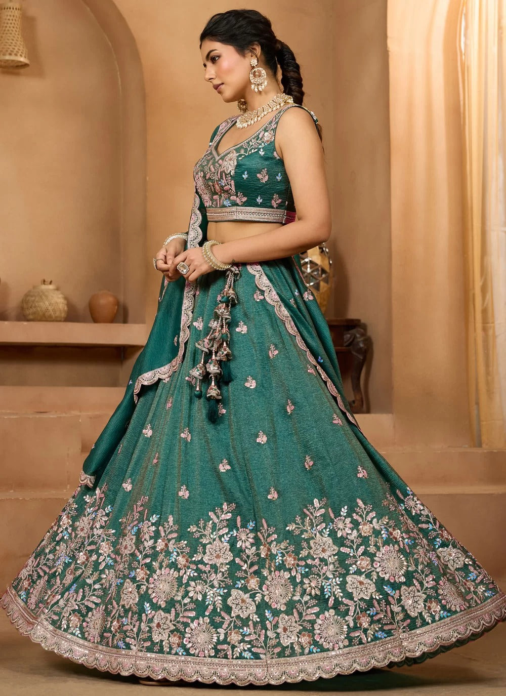 Radiant green tissue lehenga with sequin stone embroidery