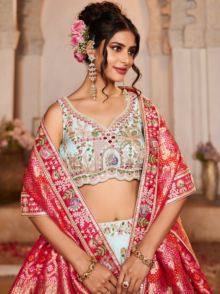 Tissue Mirror Embroidered Semi-Stitched Lehenga Choli with Dupatta