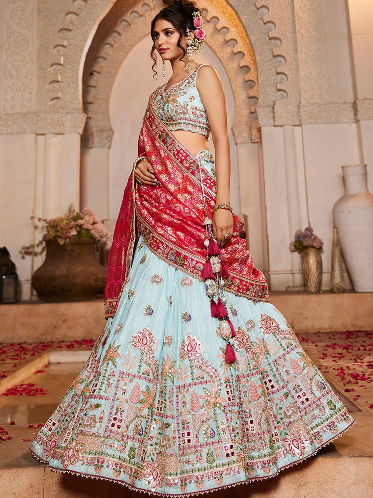 Tissue Mirror Embroidered Semi-Stitched Lehenga Choli with Dupatta