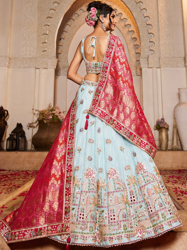 Tissue Mirror Embroidered Semi-Stitched Lehenga Choli with Dupatta