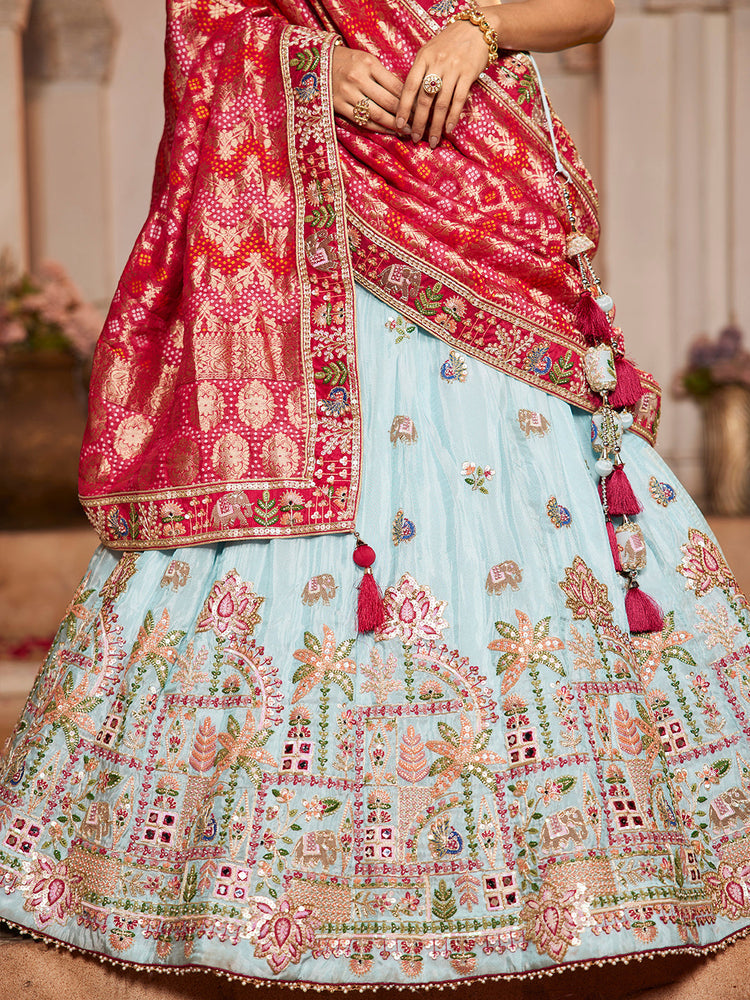 Tissue Mirror Embroidered Semi-Stitched Lehenga Choli with Dupatta