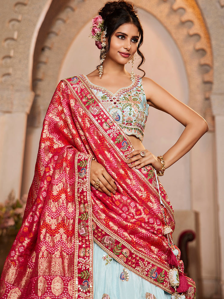Tissue Mirror Embroidered Semi-Stitched Lehenga Choli with Dupatta