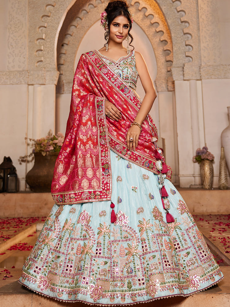Tissue Mirror Embroidered Semi-Stitched Lehenga Choli with Dupatta