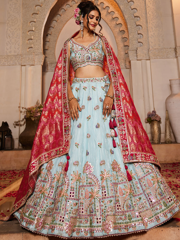 Tissue Mirror Embroidered Semi-Stitched Lehenga Choli with Dupatta